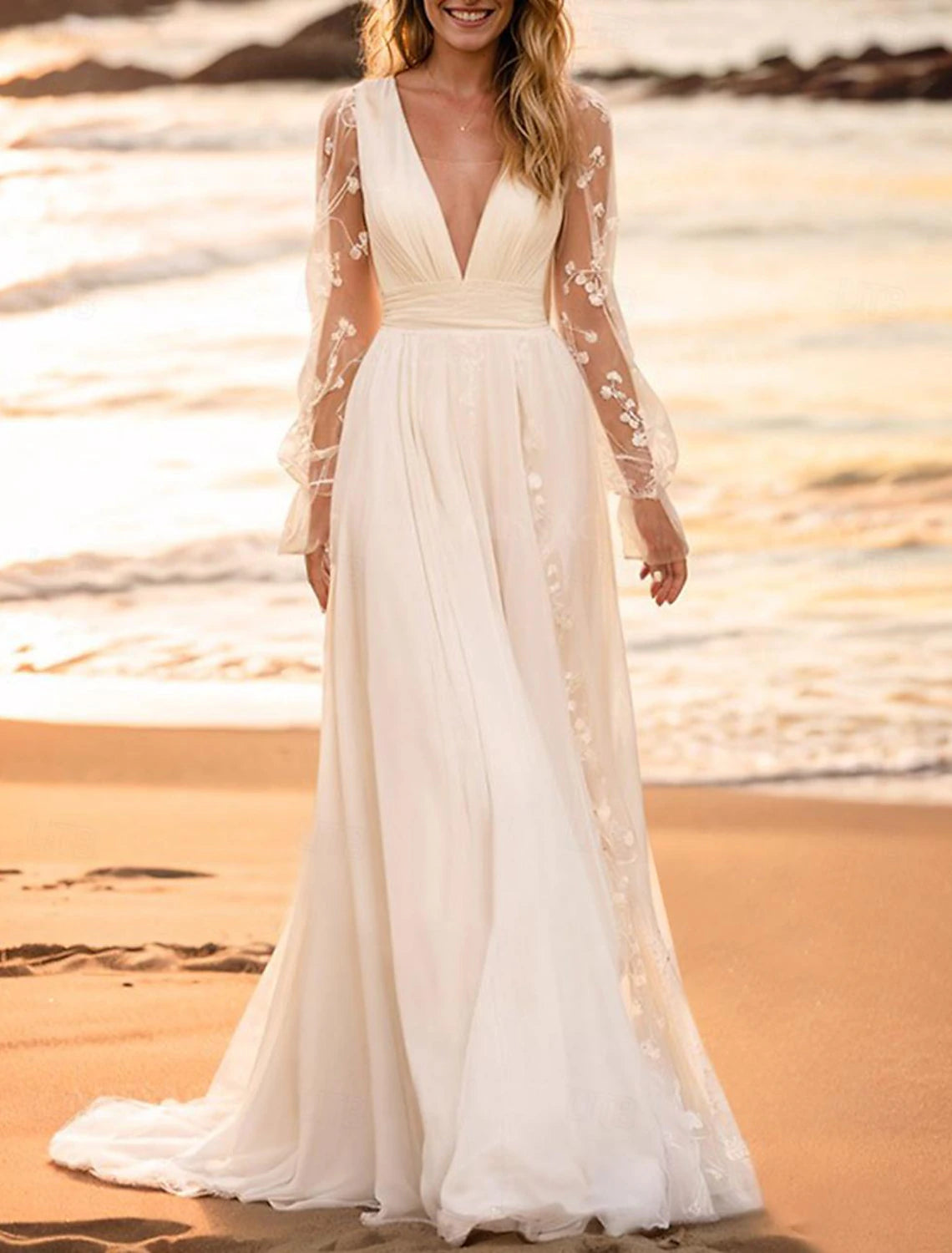 Wholesa Beach Wedding Dresses A-Line V Neck Long Sleeve Floor Length Chiffon Bridal Gowns With Solid Color