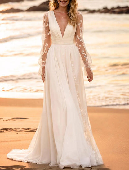 Wholesa Beach Wedding Dresses A-Line V Neck Long Sleeve Floor Length Chiffon Bridal Gowns With Solid Color