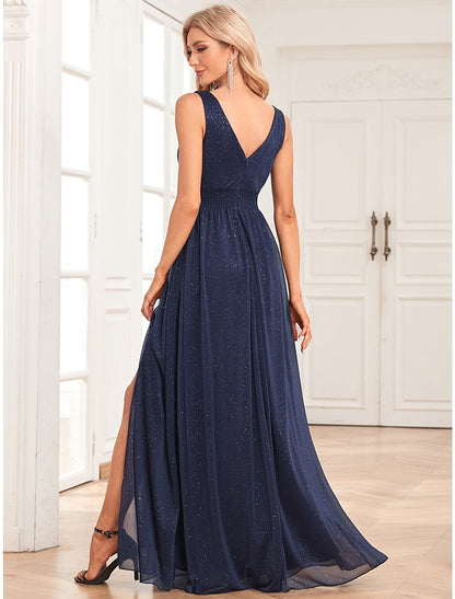 Wholesa A-Line Evening Gown Empire Dress Wedding Guest Party Wear Floor Length Sleeveless V Neck Spandex V Back with Glitter Slit