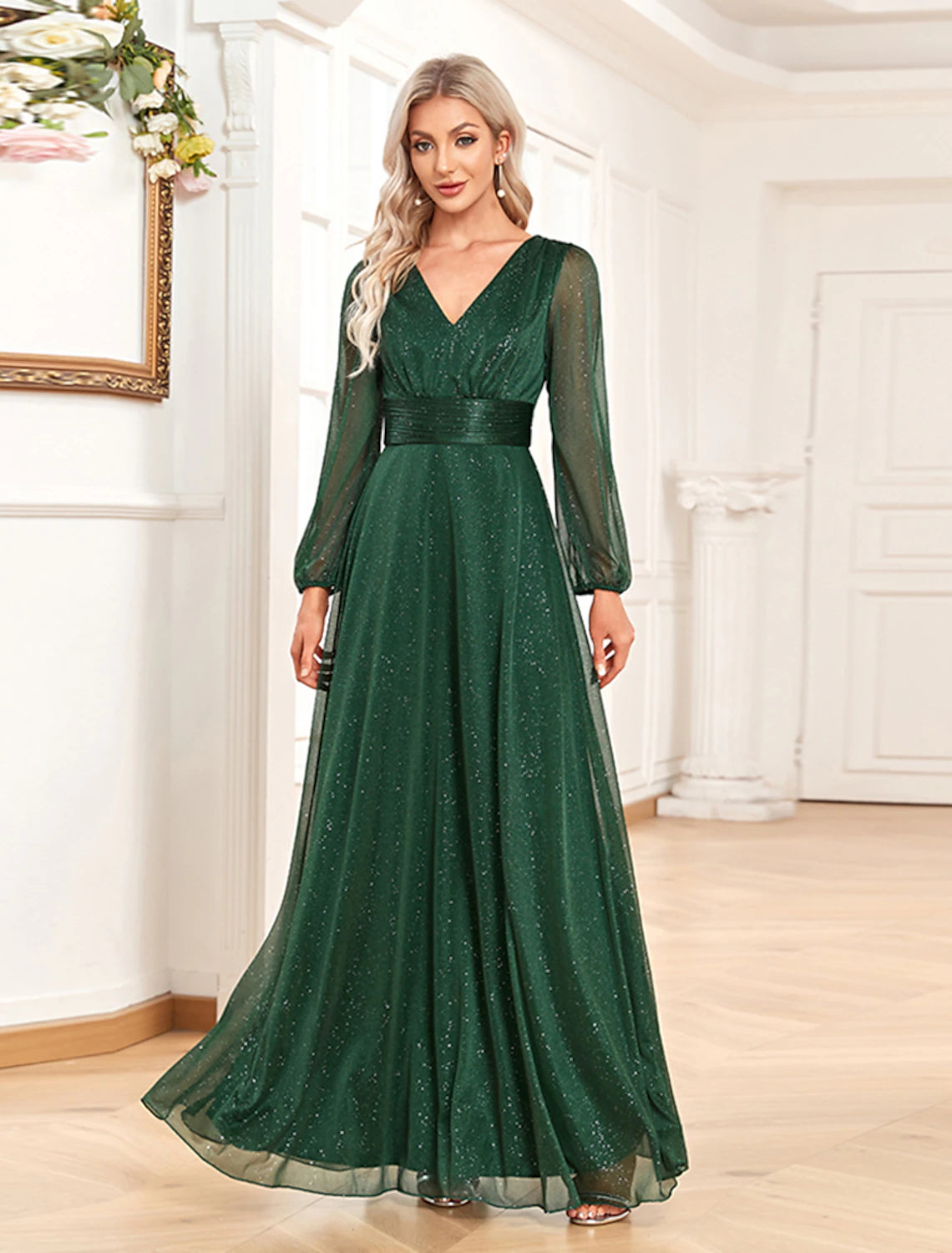 Wholesale A-Line Evening Gown Elegant Dress Formal Floor Length Long Sleeve V Neck Chiffon with Sequin