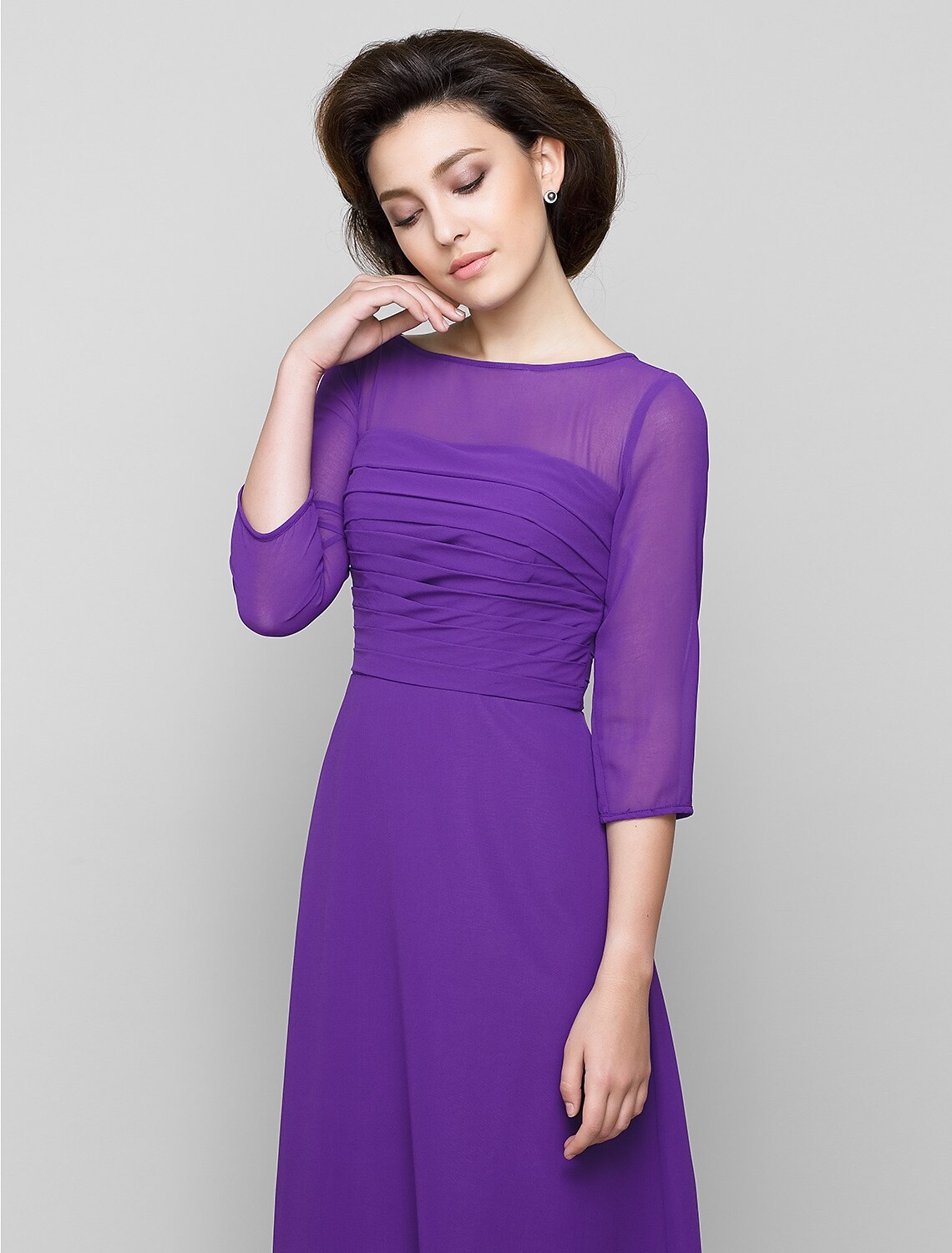 wholesale A-Line Mother of the Bride Dress Elegant Scoop Neck Ankle Length Chiffon 3/4 Length Sleeve No with Ruched