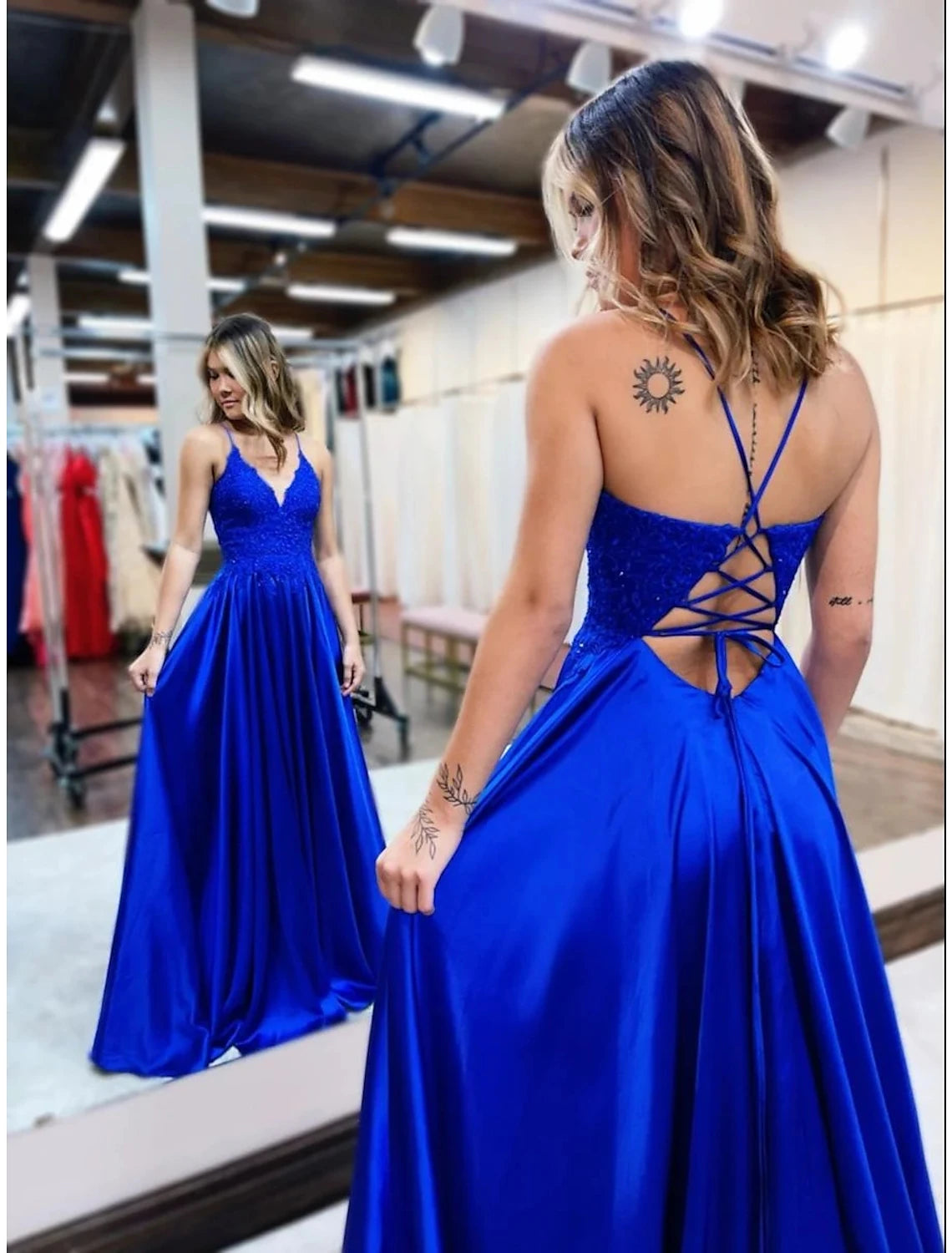 wholesale  A-Line Prom Dresses Empire Dress Formal Court Train Sleeveless V Neck Satin Backless with Beading Appliques