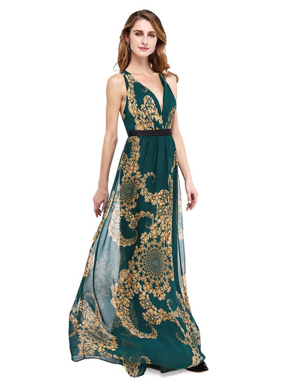 Wholesa A-Line Mother of the Bride Dress Floral Open Back V Neck Floor Length Chiffon Sleeveless No with Sash / Ribbon