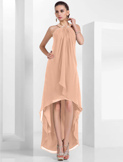 Wholesa A-Line Elegant Dress Wedding Guest Cocktail Party Asymmetrical Sleeveless Halter Neck Chiffon Backless with Pleats Beading