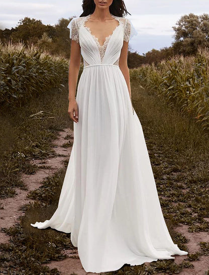 Wholesa Beach Open Back Wedding Dresses A-Line V Neck Cap Sleeve Court Train Chiffon Bridal Gowns With Pleats