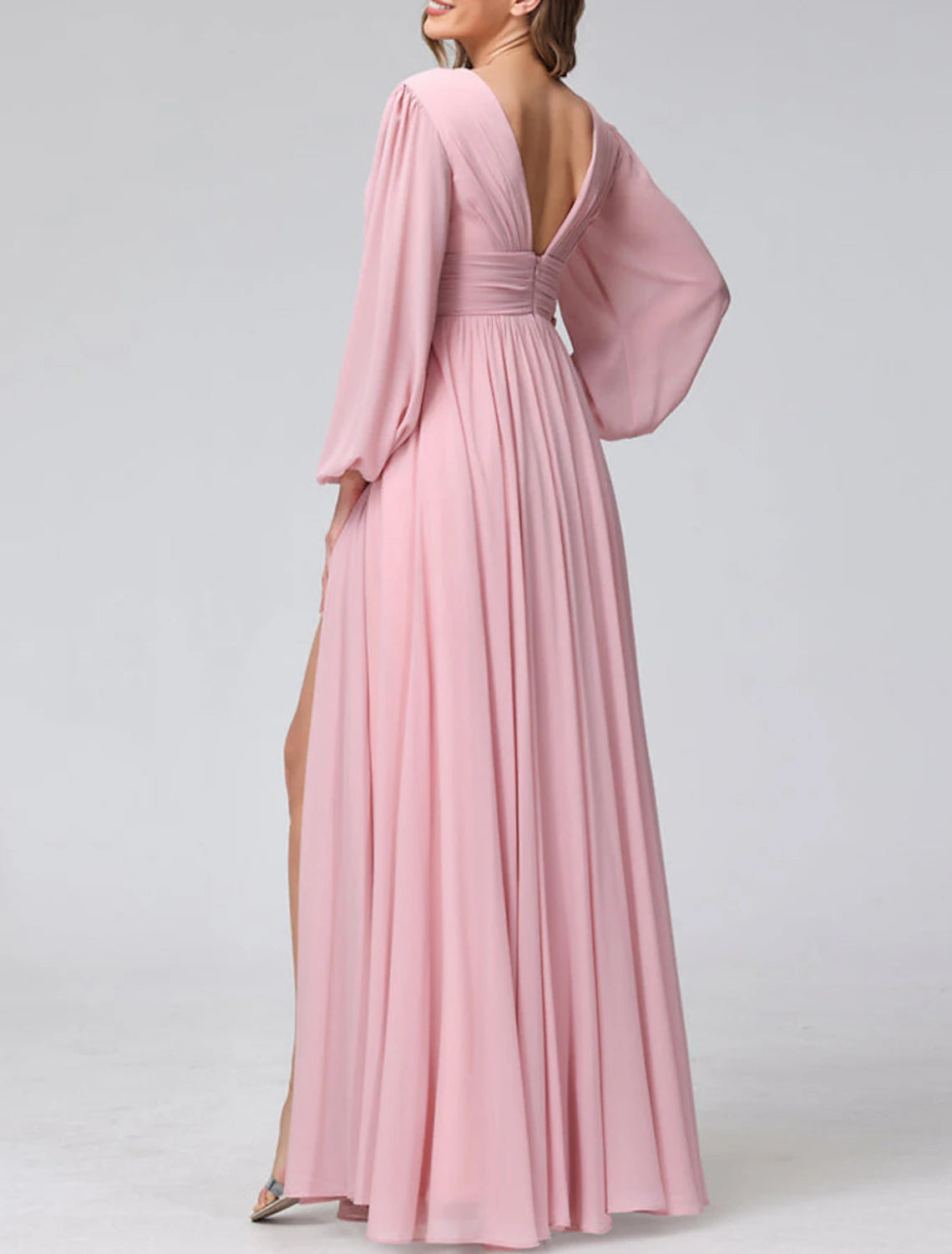 Wholesa A-Line Bridesmaid Dress V Neck Long Sleeve Pink Floor Length Chiffon with Split Front / Ruching