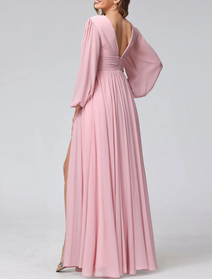 Wholesa A-Line Bridesmaid Dress V Neck Long Sleeve Pink Floor Length Chiffon with Split Front / Ruching