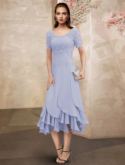 wholesale  Mermaid / Trumpet Mother of the Bride Dress Elegant High Low Jewel Neck Asymmetrical Tea Length Chiffon Lace Short Sleeve Wrap Included with Lace Ruffles