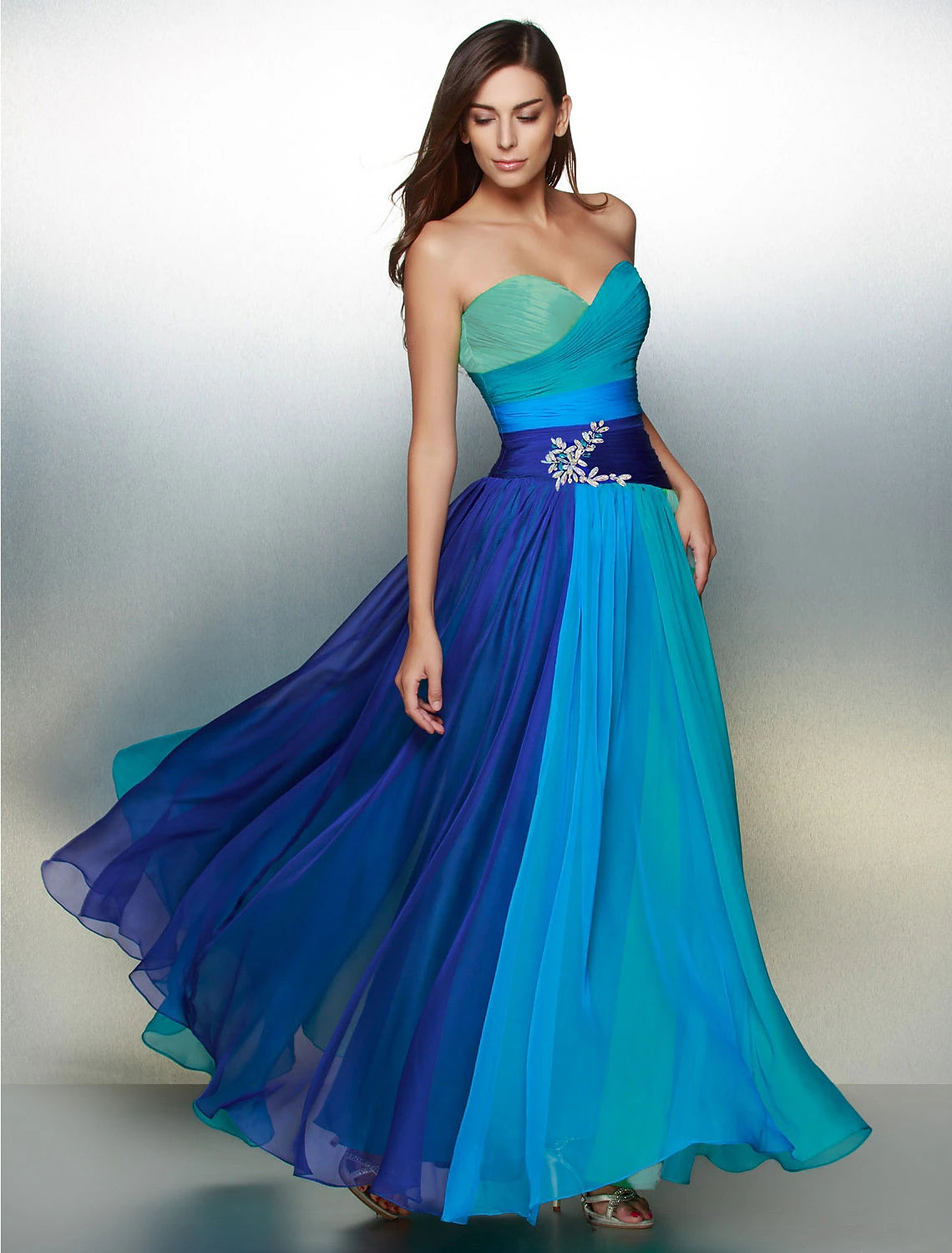 Wholesale A-Line Color Block Dress Wedding Guest Floor Length Sleeveless Sweetheart Chiffon Backless with Ruched Crystals