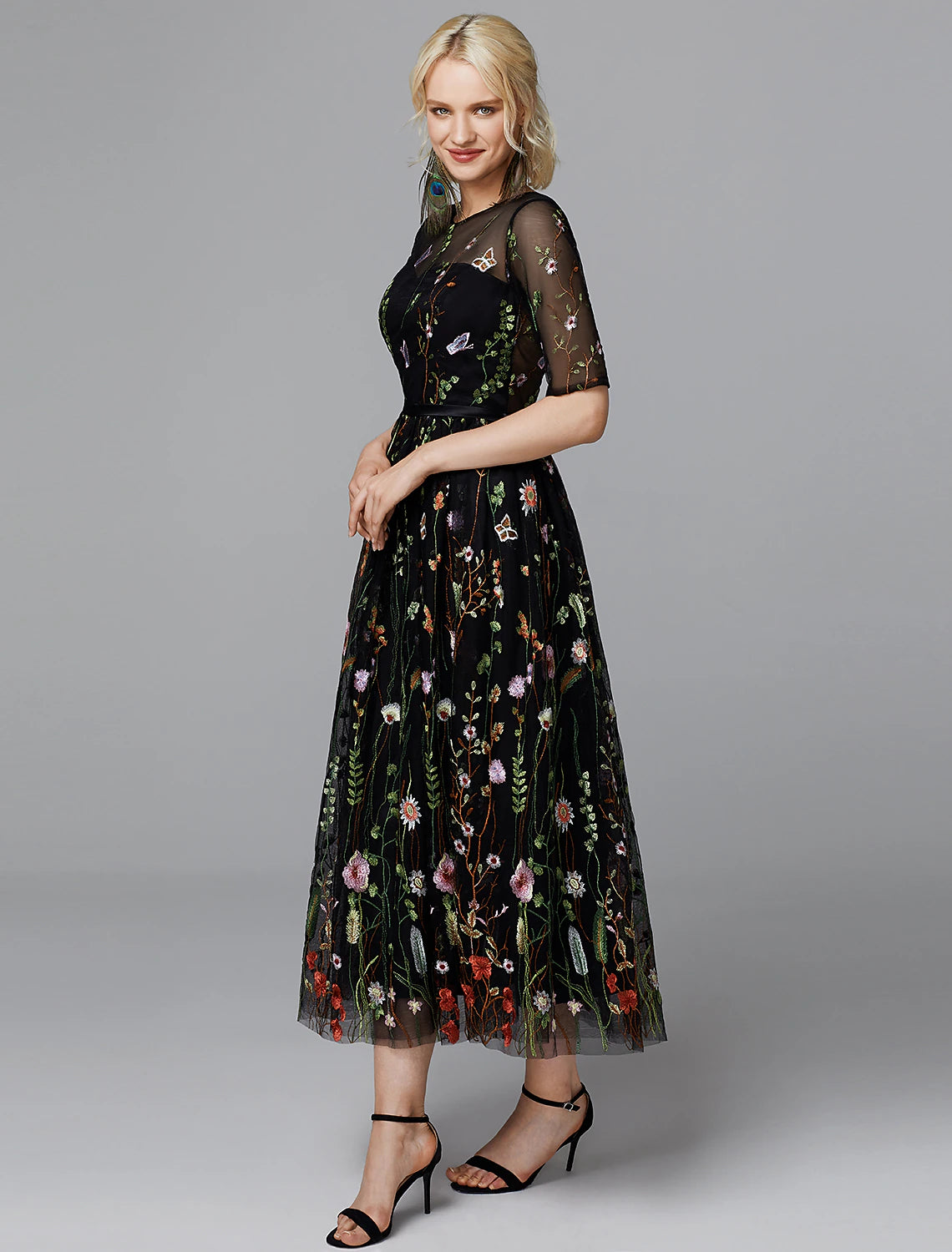 Wholesale A-Line Floral Dress Holiday Tea Length Half Sleeve Illusion Neck Lace with Embroidery Appliques