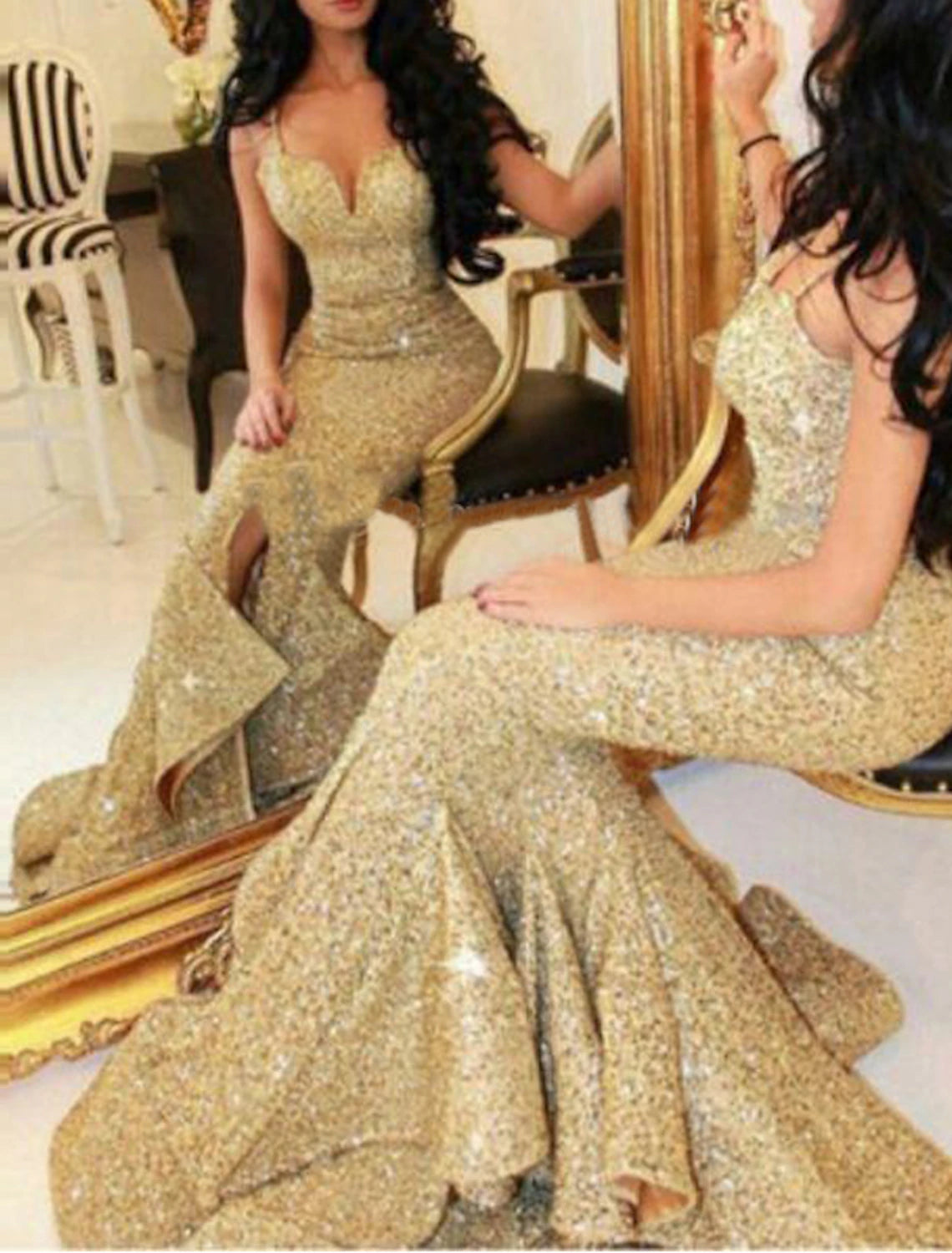 Wholesa Mermaid / Trumpet Evening Gown Sexy Dress Wedding Guest Formal Evening Court Train Sleeveless Sweetheart Sequined with Ruffles Slit