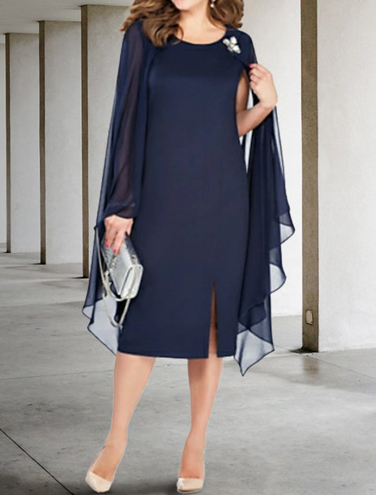 Wholesa Sheath / Column Mother of the Bride Dress Plus Size Jewel Neck Tea Length Chiffon Long Sleeve with Crystal Brooch