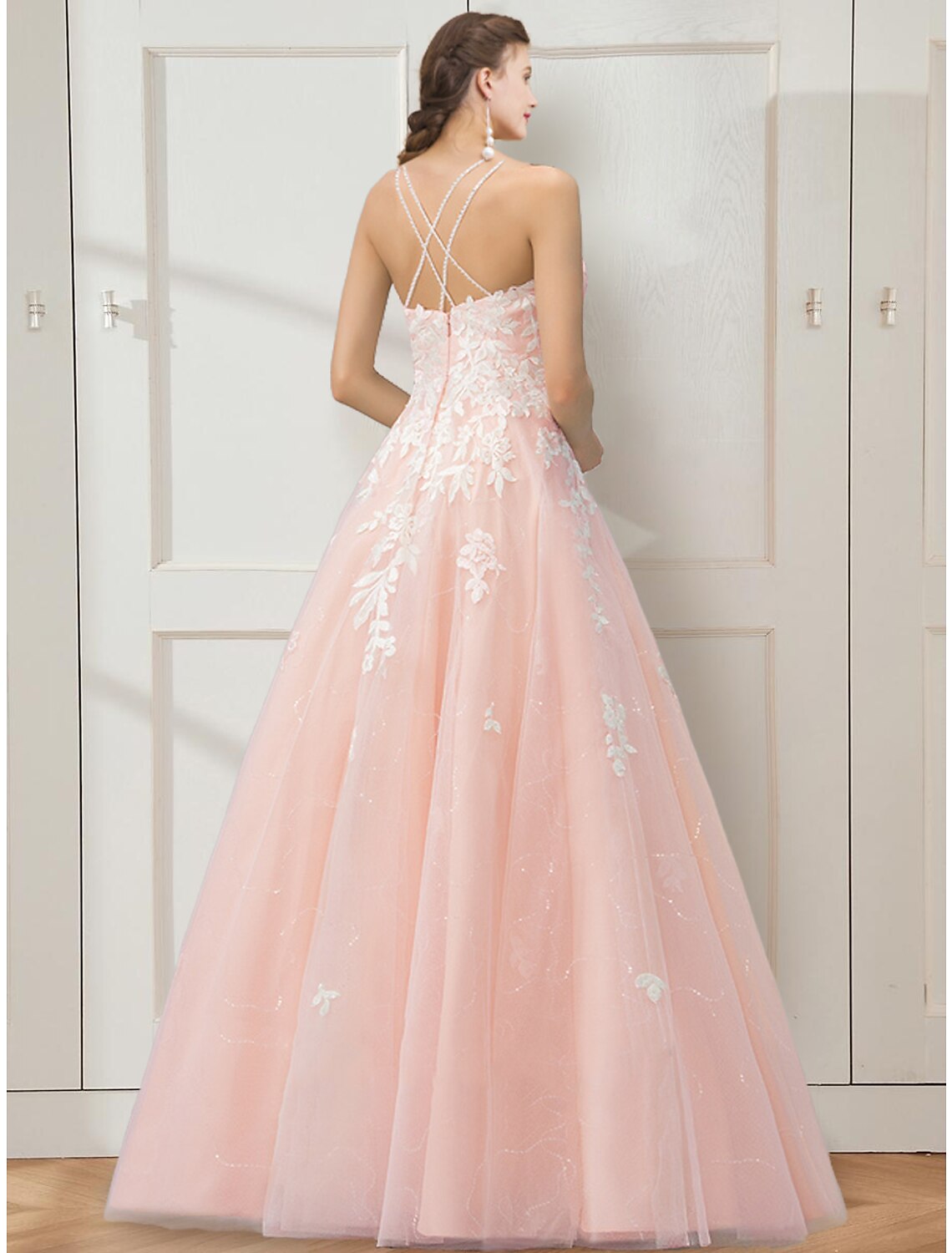 Wholesale Ball Gown Prom Dresses Floral Dress Masquerade Floor Length Sleeveless Spaghetti Strap Tulle Crisscross Back with Embroidery