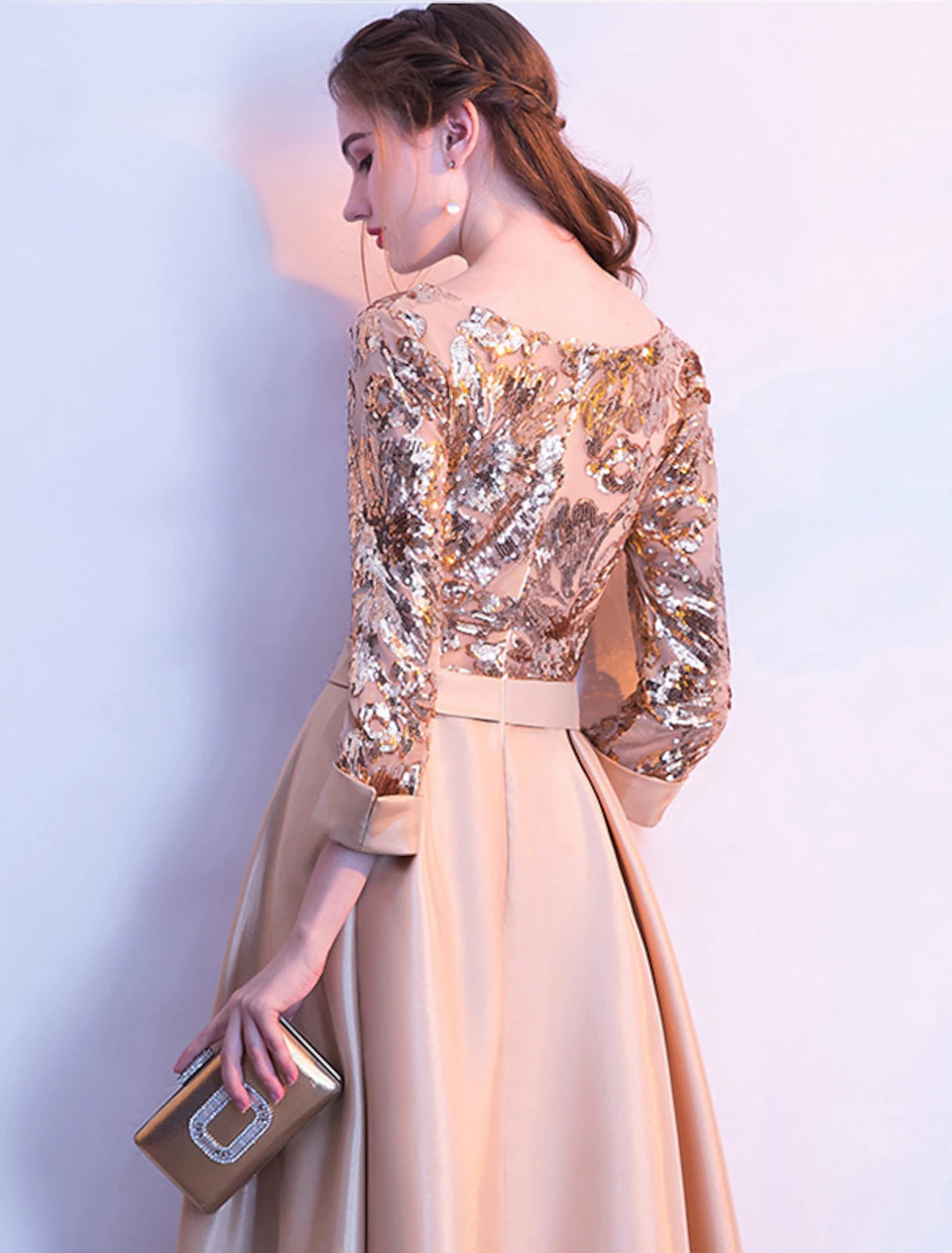 Wholesale A-Line Glittering Elegant Prom Formal Evening Dress Jewel Neck 3/4 Length Sleeve Floor Length Satin with Sequin