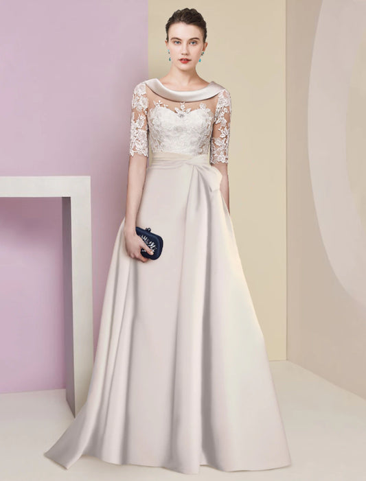 Wholesa  A-Line Mother of the Bride Dress Formal Elegant Scoop Neck Floor Length Satin Lace Half Sleeve with Appliques