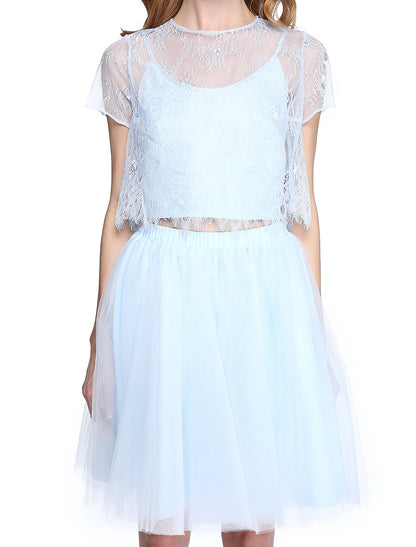 wholesale   A-Line Mother of the Bride Dress Two Piece Jewel Neck Knee Length Lace Tulle Short Sleeve No with Lace