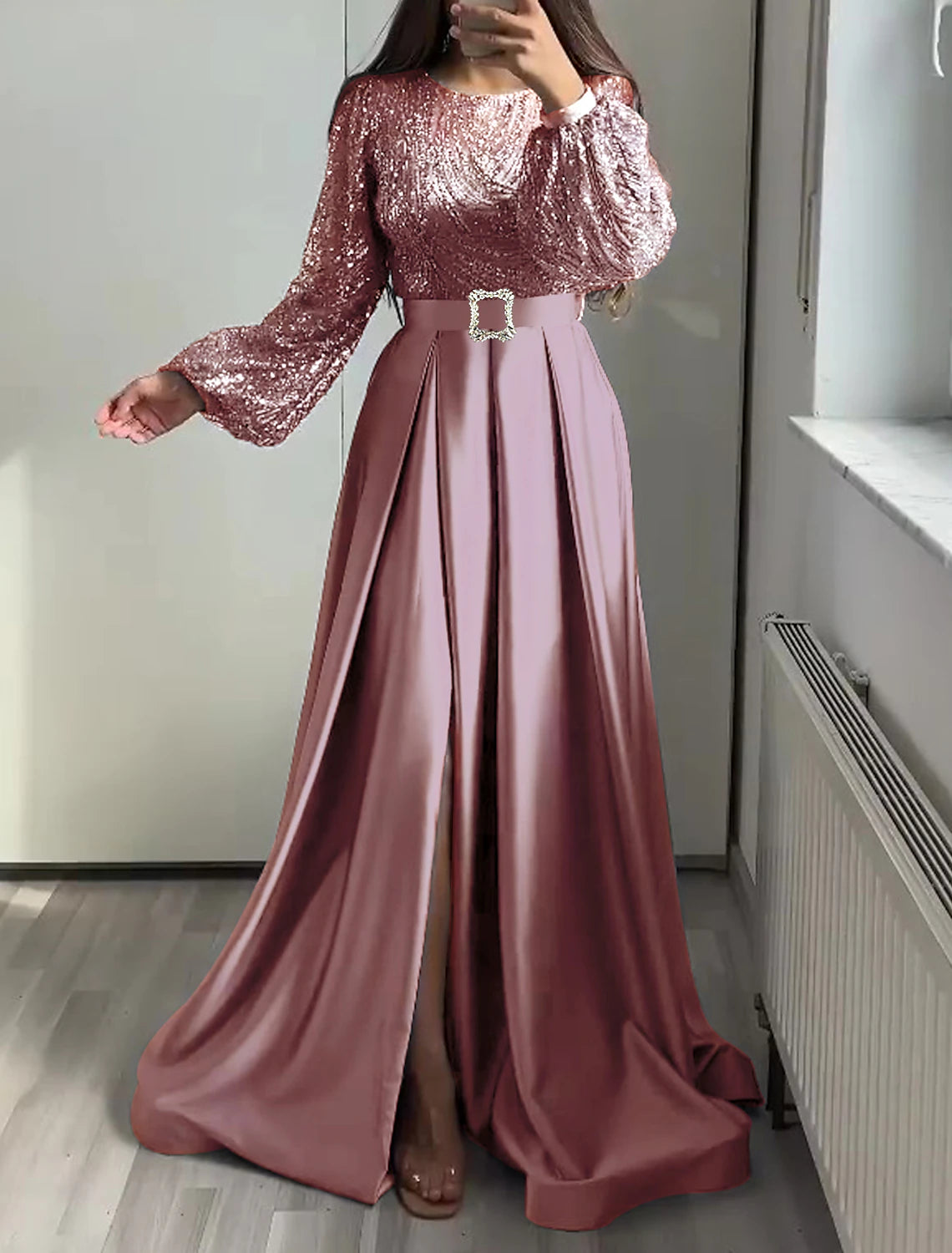 Wholesa A-Line Evening Gown Elegant Dress Wedding Black Tie Floor Length Long Sleeve Jewel Neck Fall Wedding Guest Satin with Sequin