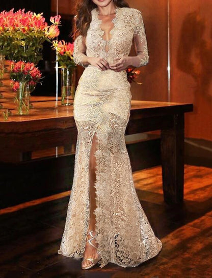 Wholesa Mermaid / Trumpet Evening Gown Sexy Dress Formal Wedding Guest Sweep / Brush Train Long Sleeve V Neck Fall Wedding Reception Lace with Slit Appliques