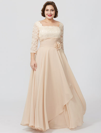 Wholesa  Sheath / Column Mother of the Bride Dress Formal Classic & Timeless Elegant & Luxurious Plus Size Square Neck Floor Length Chiffon Metallic Lace 3/4 Length Sleeve No with Sash / Ribbon Flower